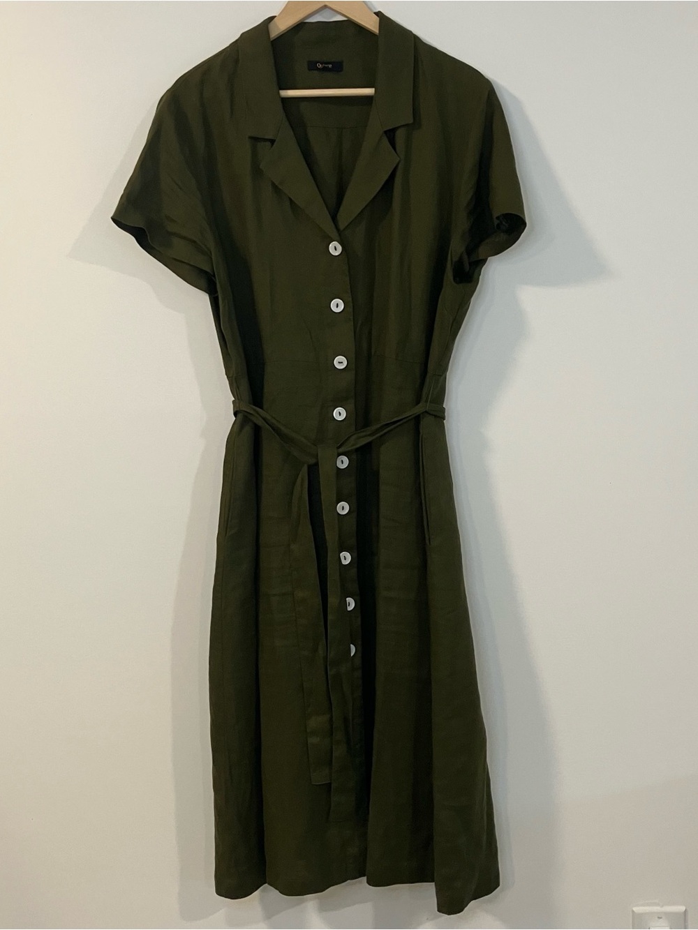 Quince Olive Green Midi Shirt Dress with Self Tie